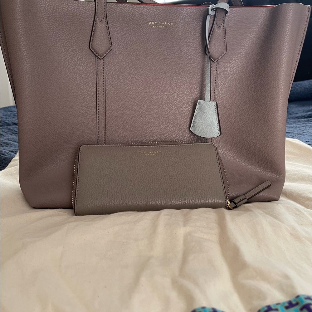 Tory Burch Perry Taupe Leather Triple Compartment Tote with Wallet